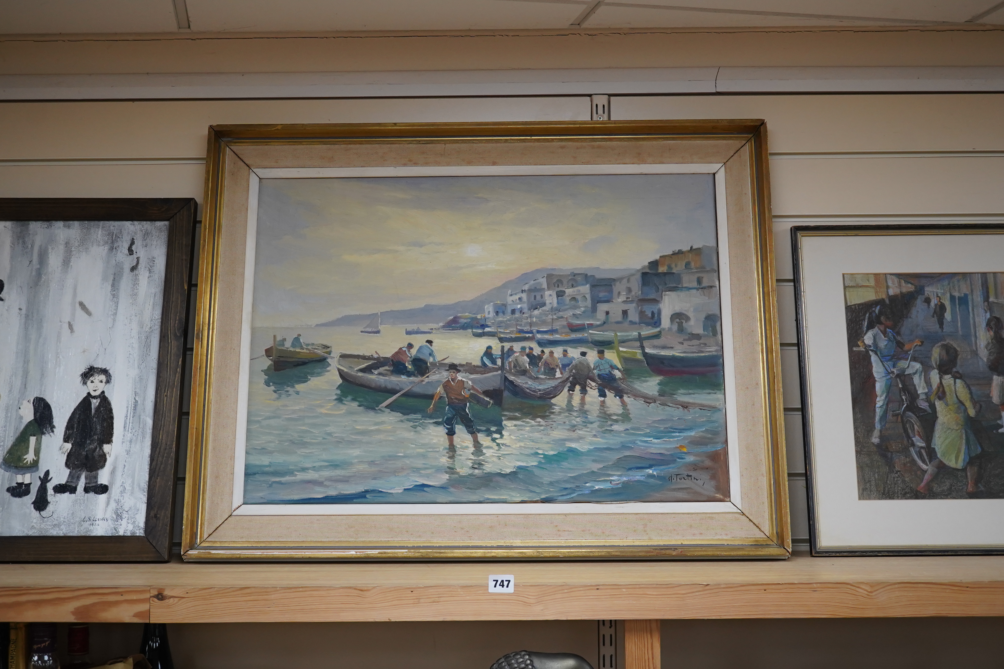 Tortini, impressionist oil on canvas, Harbour scene with figures and fishing boats, signed, 50 x 70cm. Condition - fair to good